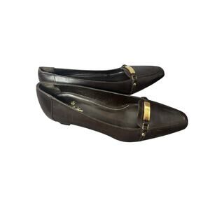 Brooks Brothers Block Heel Pumps Womens 7.5 Brown‎ Leather Gold Bar Shoes